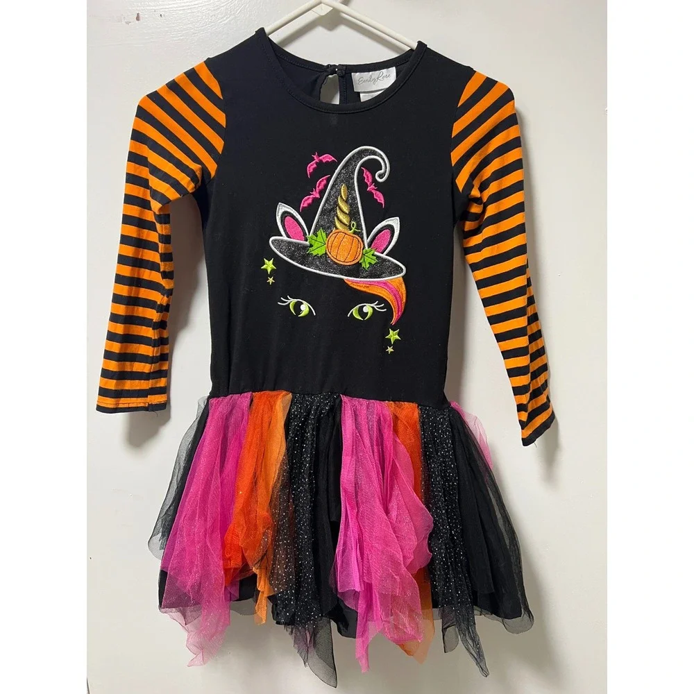Emily Rose Girls Halloween Unicorn Witch Tulle Dress Black‎ Orange Stripe Size 8